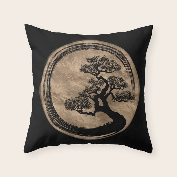 Enso Zen Circle and Bonsai Tree Gold Throw Pillow Gallery Image 6