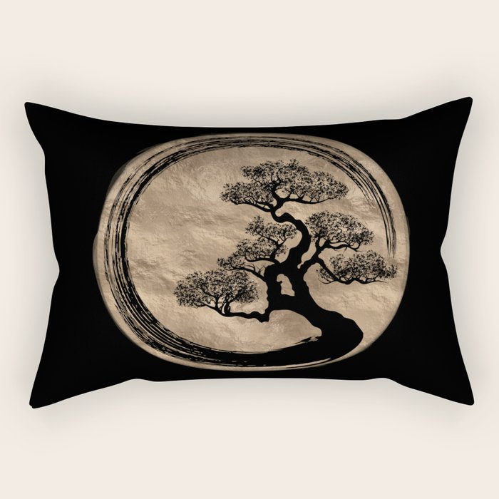Enso Zen Circle and Bonsai Tree Gold Rectangular Pillow Gallery Image 2