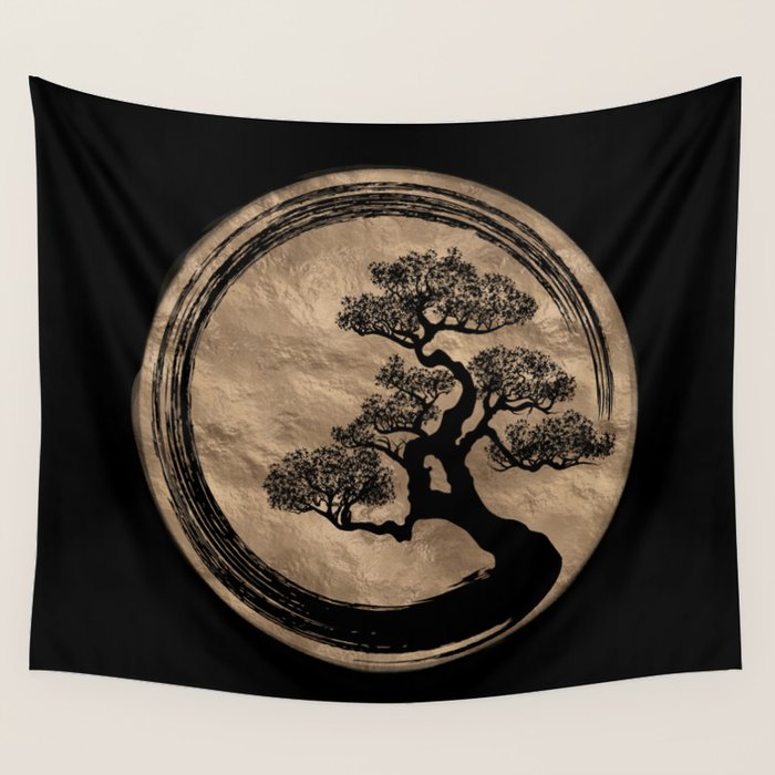 Enso Zen Circle and Bonsai Tree Gold Wall Tapestry Gallery Image 1