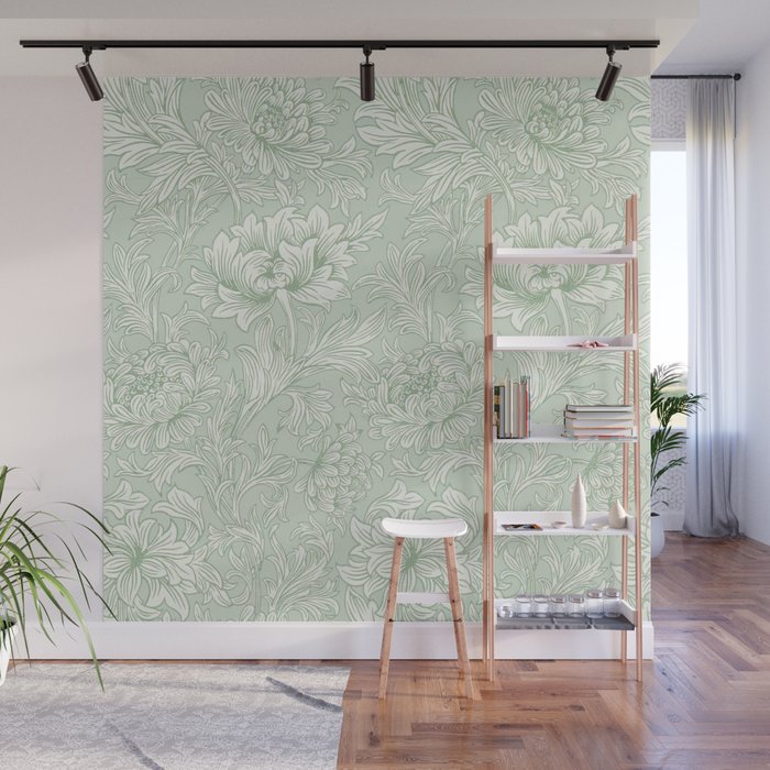 William Morris Chrysanthemum Toile Willow Green Wall Mural Gallery Image 1