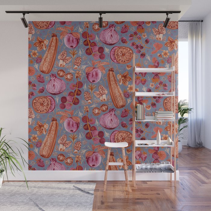 Garden Vegetables & Fresh Fruit in Grey & Rust Wall Mural Gallery Image 1