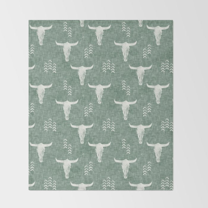 desert skulls - southwest cow skulls on sage Throw Blanket Gallery Image 2