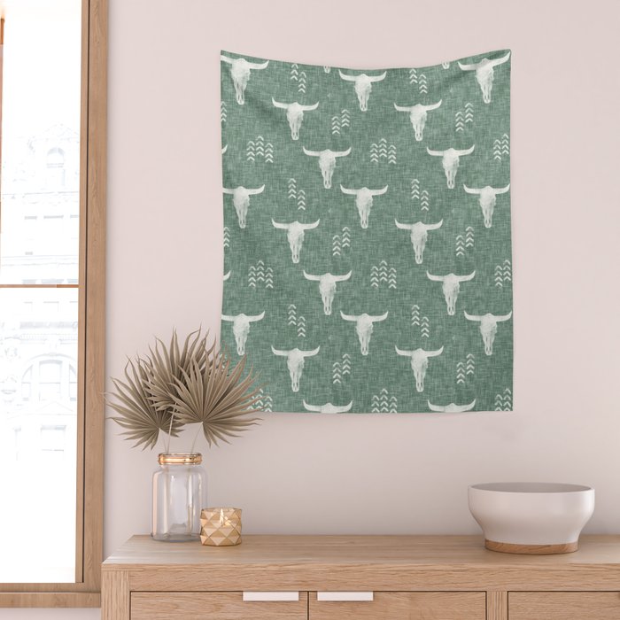 desert skulls - southwest cow skulls on sage Wall Tapestry Gallery Image 2