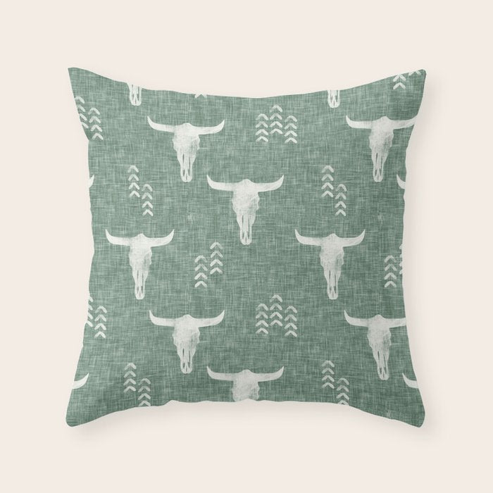 desert skulls - southwest cow skulls on sage Throw Pillow Gallery Image 6