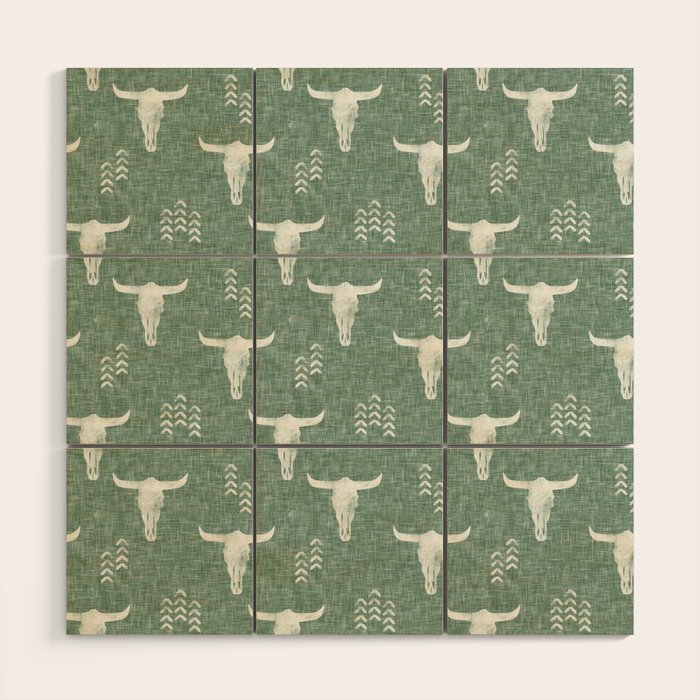 desert skulls - southwest cow skulls on sage Wood Wall Art Gallery Image 1