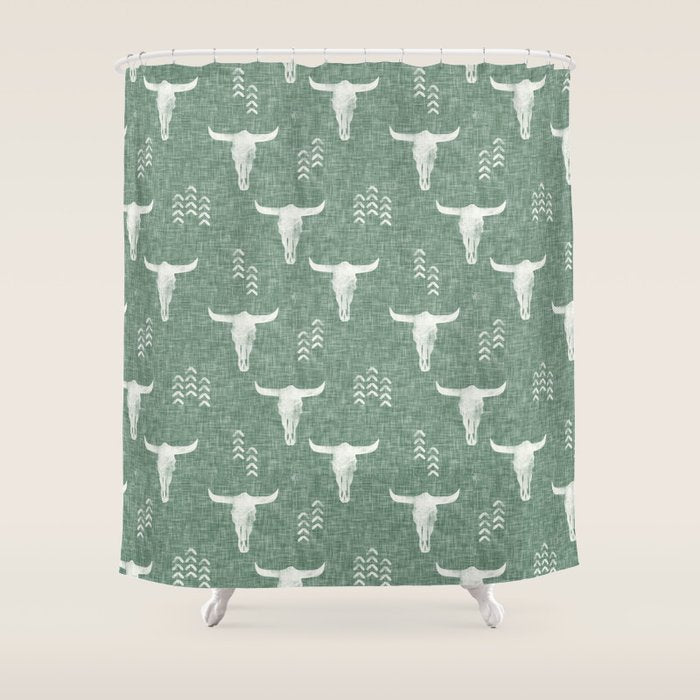 desert skulls - southwest cow skulls on sage Shower Curtain Gallery Image 1