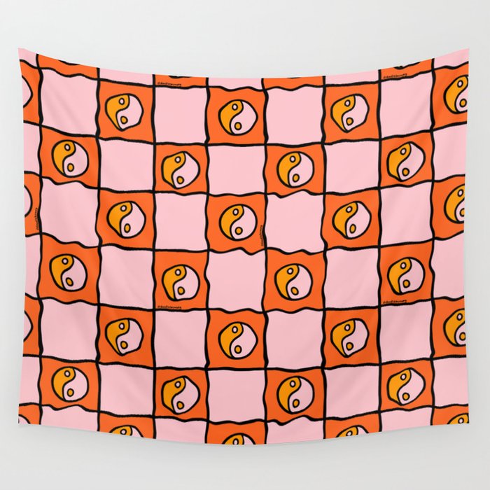 Orange Ying yang Checkered Print Wall Tapestry Gallery Image 1