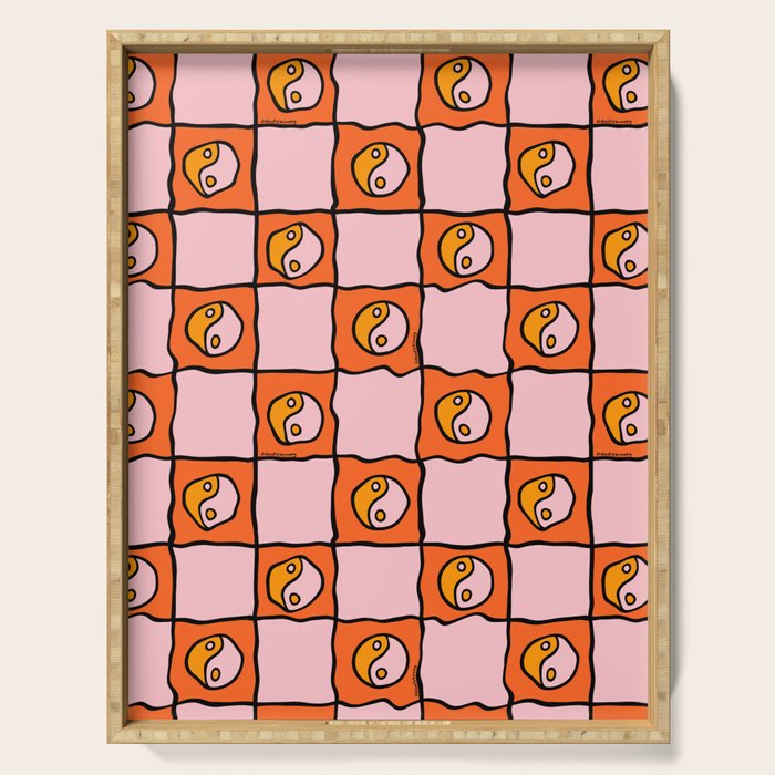 Orange Ying yang Checkered Print Serving Tray Gallery Image 1