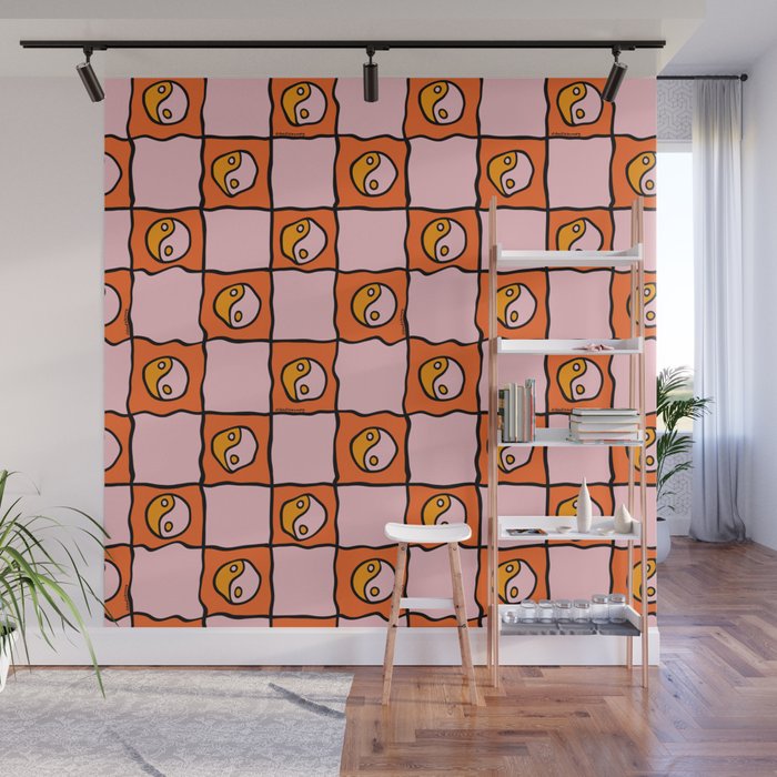 Orange Ying yang Checkered Print Wall Mural Gallery Image 1