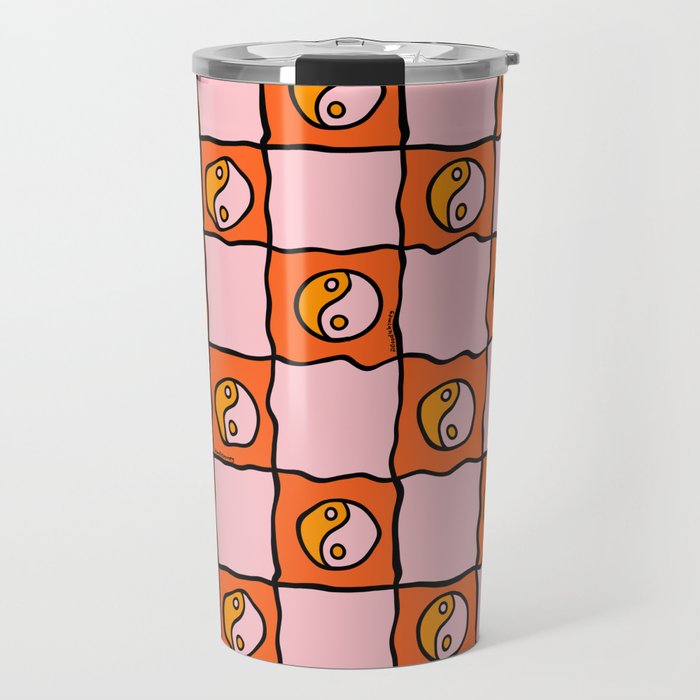 Orange Ying yang Checkered Print Travel Mug Gallery Image 1