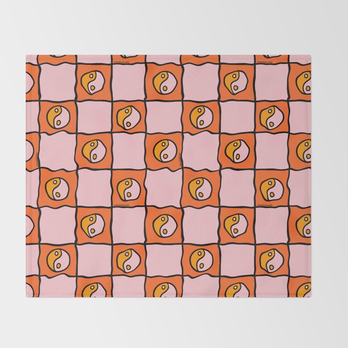 Orange Ying yang Checkered Print Throw Blanket Gallery Image 2