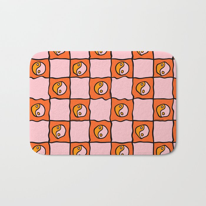 Orange Ying yang Checkered Print Bath Mat Gallery Image 1