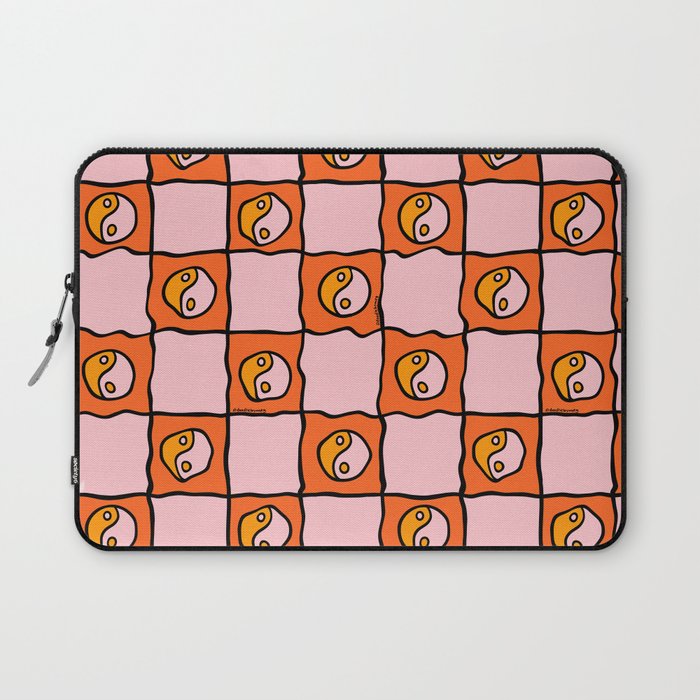 Orange Ying yang Checkered Print Laptop Sleeve Gallery Image 1