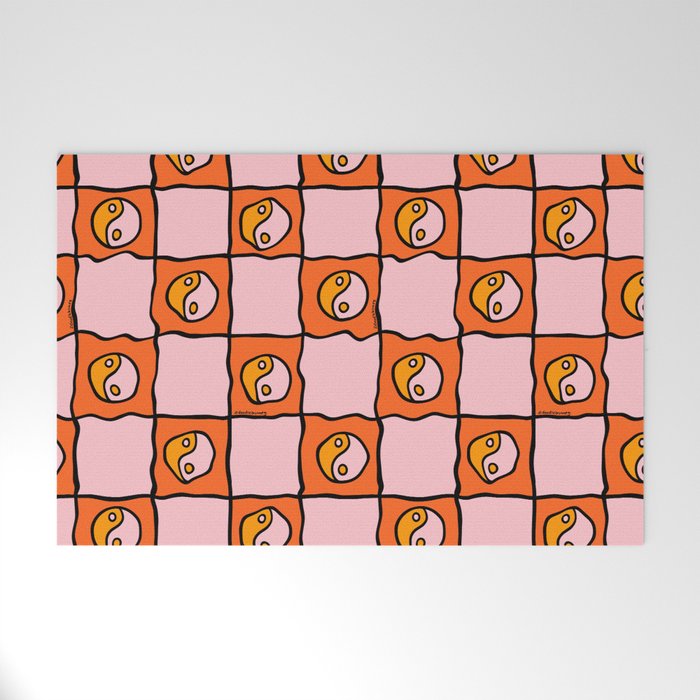 Orange Ying yang Checkered Print Welcome Mat Gallery Image 1