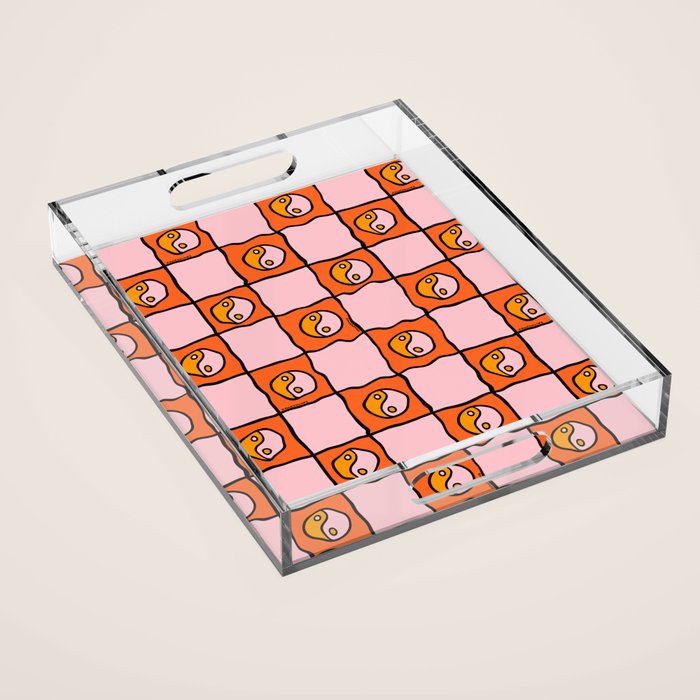 Orange Ying yang Checkered Print Acrylic Tray Gallery Image 1