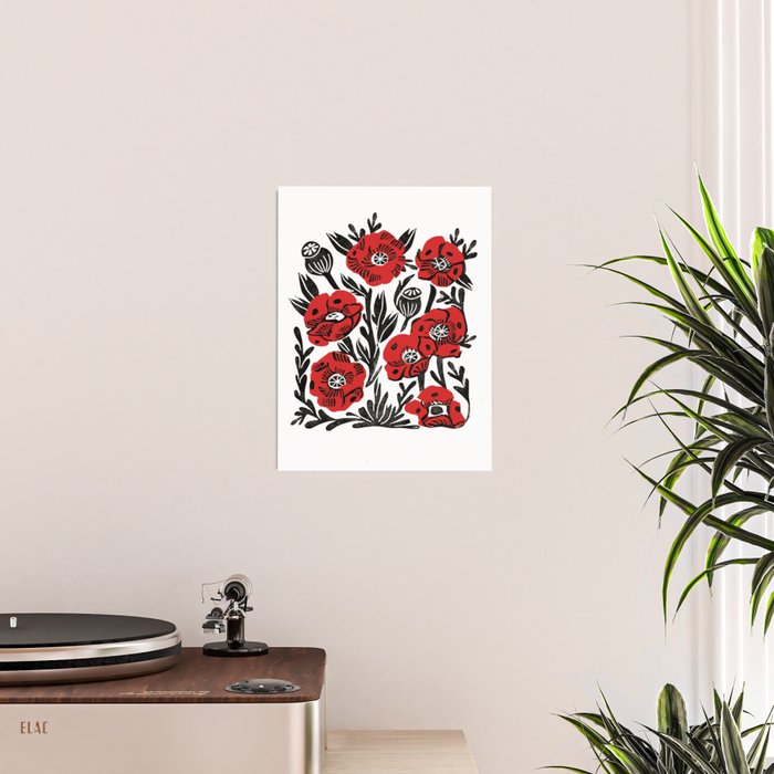 Poppies - linocut art,, linocut, woodcut, woodblock, floral art, poppies, poppy art, andrea lauren Poster Gallery Image 2