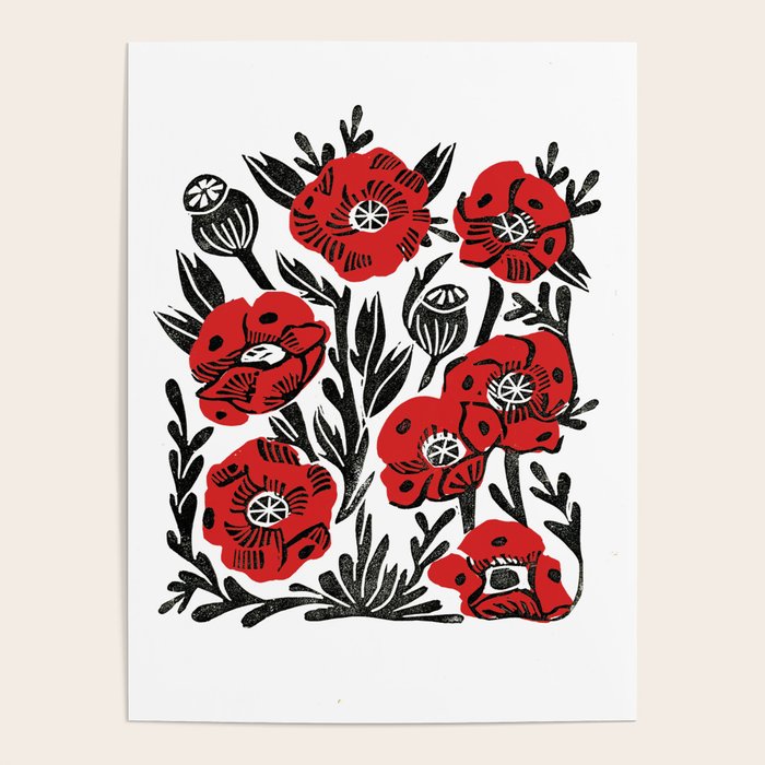 Poppies - linocut art,, linocut, woodcut, woodblock, floral art, poppies, poppy art, andrea lauren Poster Gallery Image 4