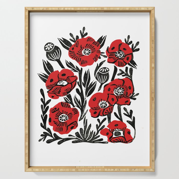 Poppies - linocut art,, linocut, woodcut, woodblock, floral art, poppies, poppy art, andrea lauren Serving Tray Gallery Image 1