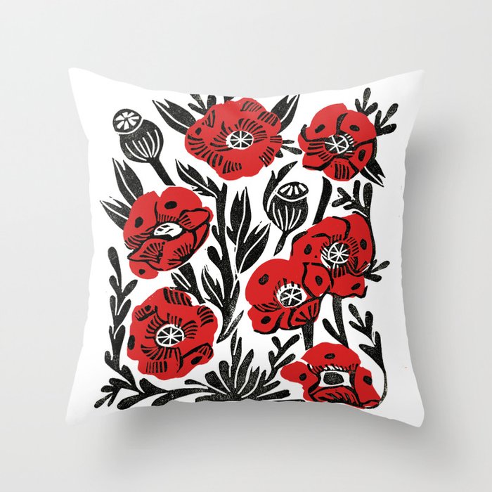 Poppies - linocut art,, linocut, woodcut, woodblock, floral art, poppies, poppy art, andrea lauren Throw Pillow Gallery Image 6