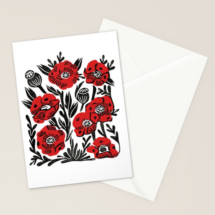 Poppies - linocut art,, linocut, woodcut, woodblock, floral art, poppies, poppy art, andrea lauren Stationery Card Gallery Image 2