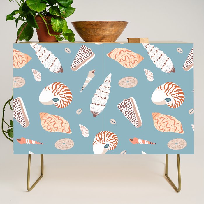 Vintage sea shell flat illustration pattern Credenza Gallery Image 1
