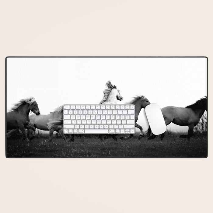 Art in motion - running horses black and white Desk Mat Gallery Image 1