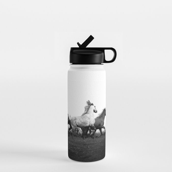Art in motion - running horses black and white Water Bottle