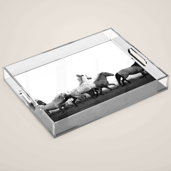 Art in motion - running horses black and white Acrylic Tray Gallery Image 1