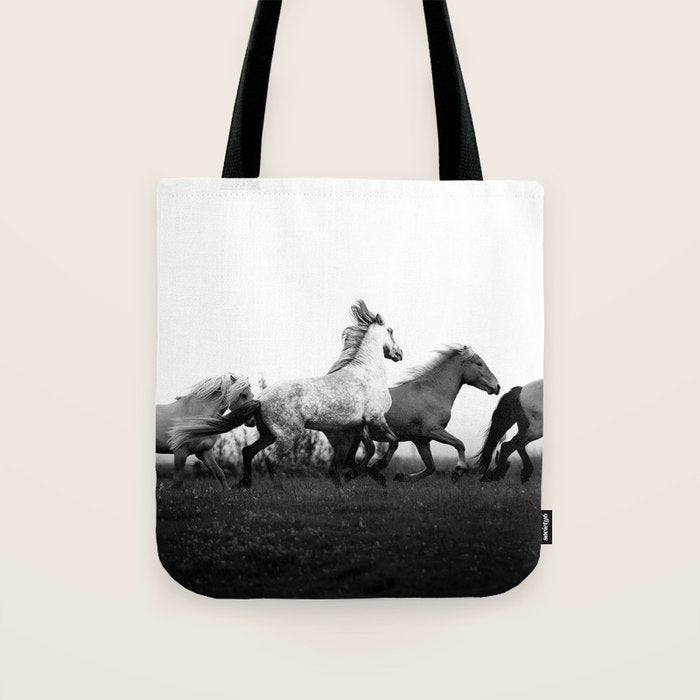 Art in motion - running horses black and white Tote Bag