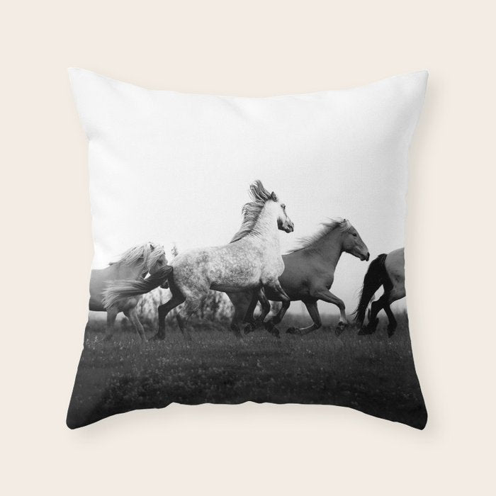 Art in motion - running horses black and white Throw Pillow Gallery Image 1