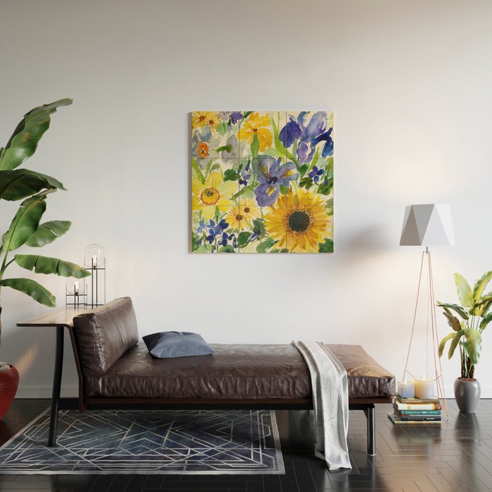 daffodil, iris and sunflower Wood Wall Art Gallery Image 2