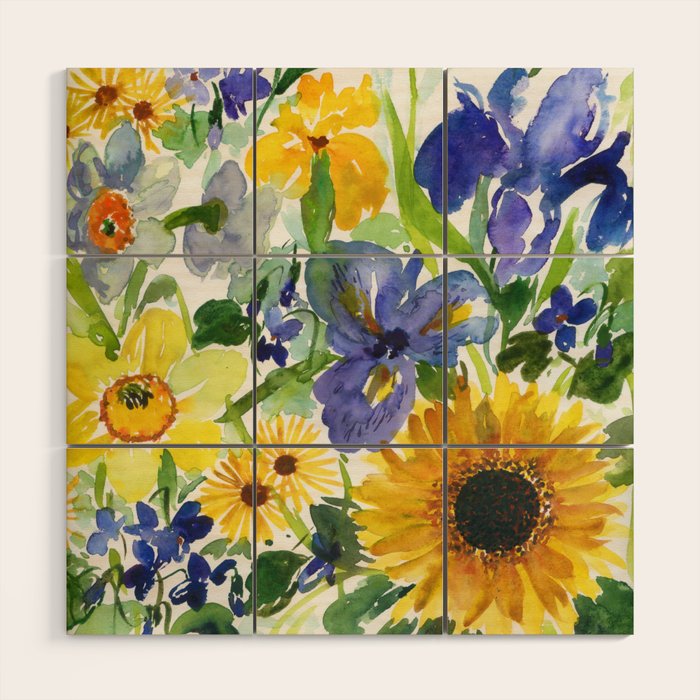 daffodil, iris and sunflower Wood Wall Art Gallery Image 1