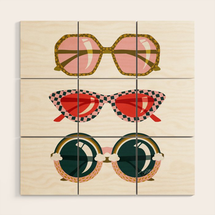 Retro Sunglasses - Red & Teal on Cream Wood Wall Art Gallery Image 1