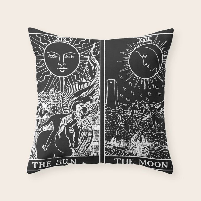 The Sun and Moon Tarot Cards | Obsidian & Pearl Throw Pillow Gallery Image 1