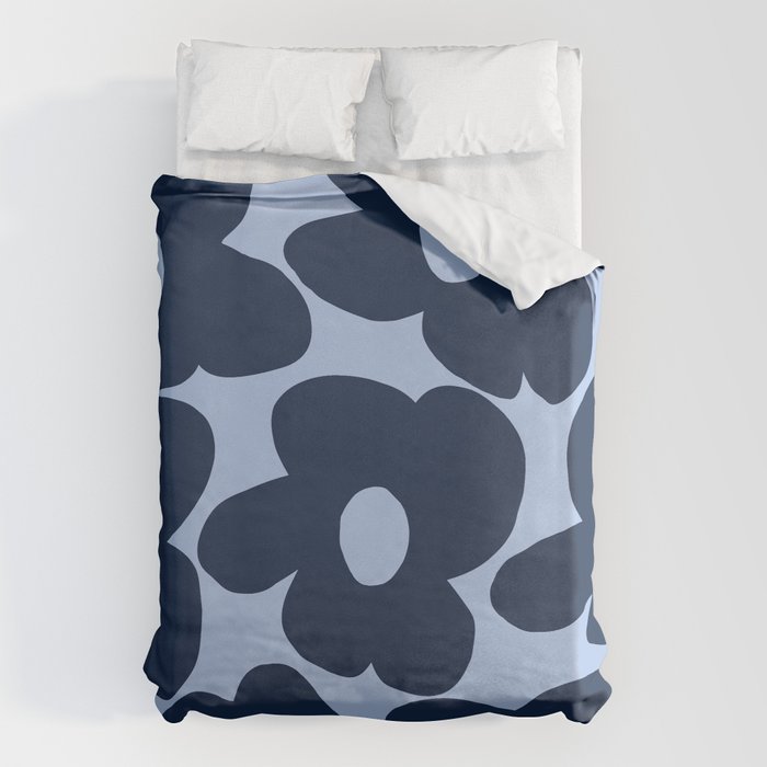 Large Dark Blue Retro Flowers Baby Blue Background #decor #society6 #buyart Duvet Cover Gallery Image 6