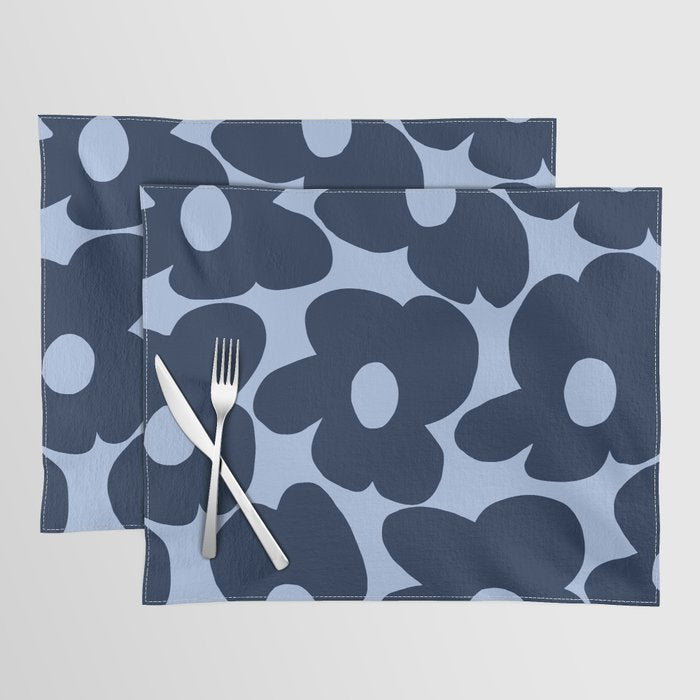 Large Dark Blue Retro Flowers Baby Blue Background #decor #society6 #buyart Placemat Gallery Image 1