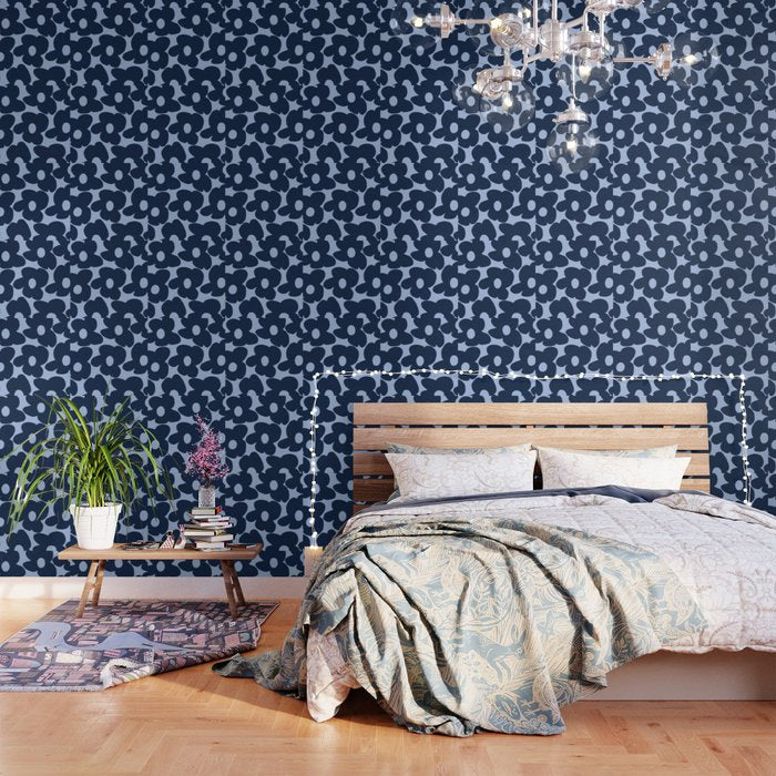 Large Dark Blue Retro Flowers Baby Blue Background #decor #society6 #buyart Wallpaper Gallery Image 3