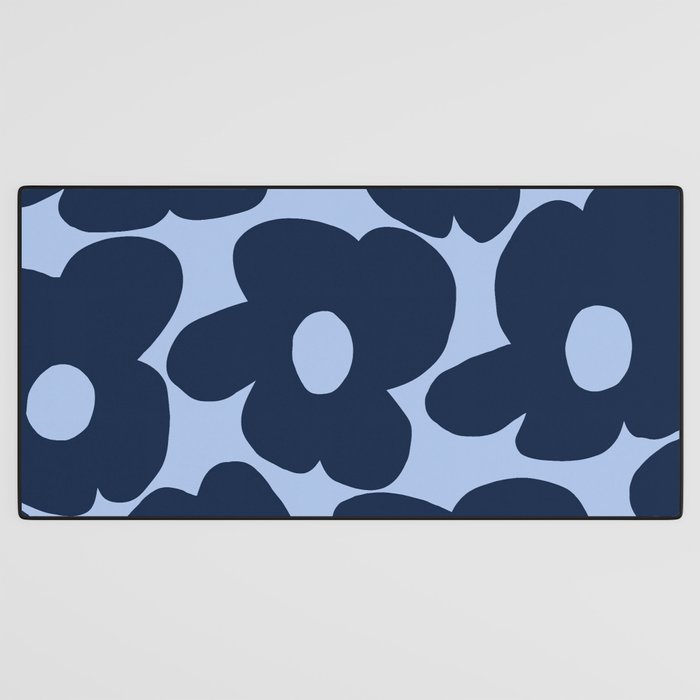 Large Dark Blue Retro Flowers Baby Blue Background #decor #society6 #buyart Desk Mat Gallery Image 3