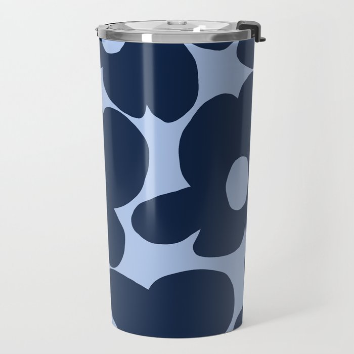 Large Dark Blue Retro Flowers Baby Blue Background #decor #society6 #buyart Travel Mug Gallery Image 2