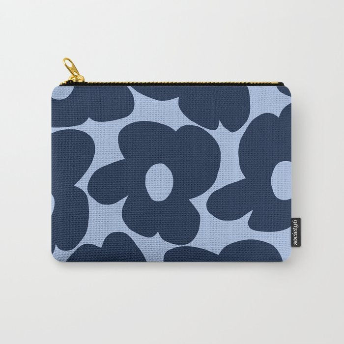 Large Dark Blue Retro Flowers Baby Blue Background #decor #society6 #buyart Carry All Pouch Gallery Image 1