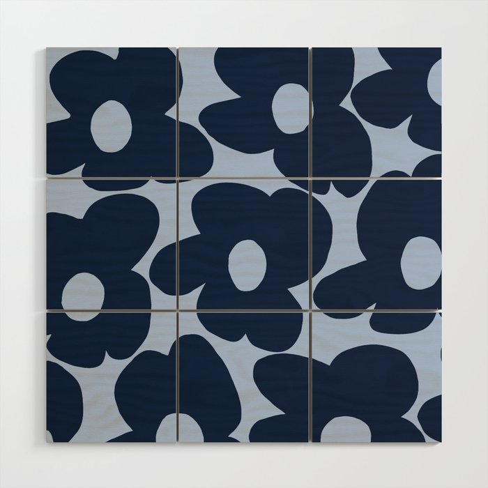 Large Dark Blue Retro Flowers Baby Blue Background #decor #society6 #buyart Wood Wall Art Gallery Image 1
