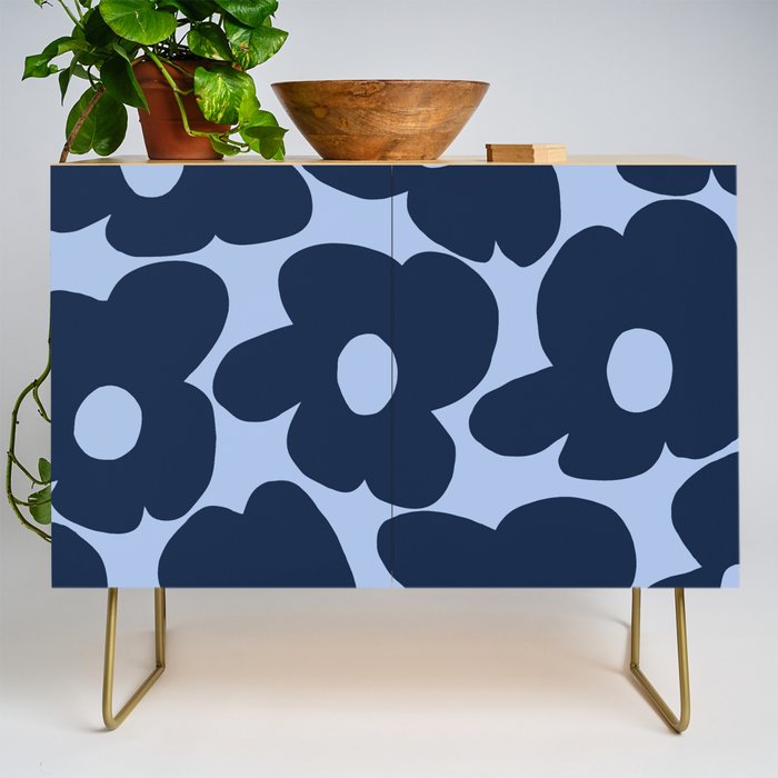 Large Dark Blue Retro Flowers Baby Blue Background #decor #society6 #buyart Credenza Gallery Image 1