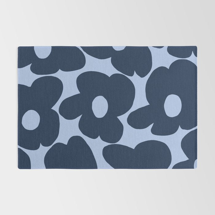 Large Dark Blue Retro Flowers Baby Blue Background #decor #society6 #buyart Rug Gallery Image 2