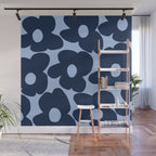 Large Dark Blue Retro Flowers Baby Blue Background #decor #society6 #buyart Wall Mural Gallery Image 1