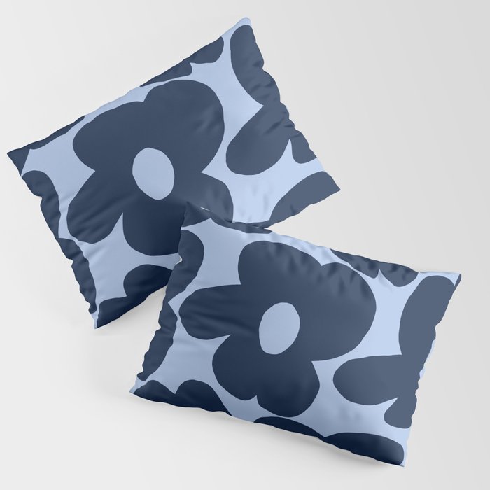Large Dark Blue Retro Flowers Baby Blue Background #decor #society6 #buyart Pillow Sham Gallery Image 1