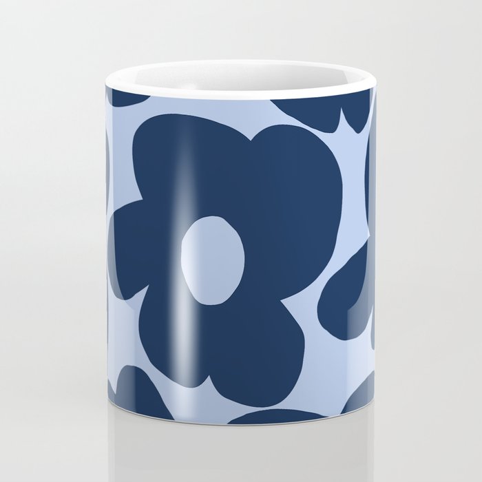 Large Dark Blue Retro Flowers Baby Blue Background #decor #society6 #buyart Coffee Mug Gallery Image 4