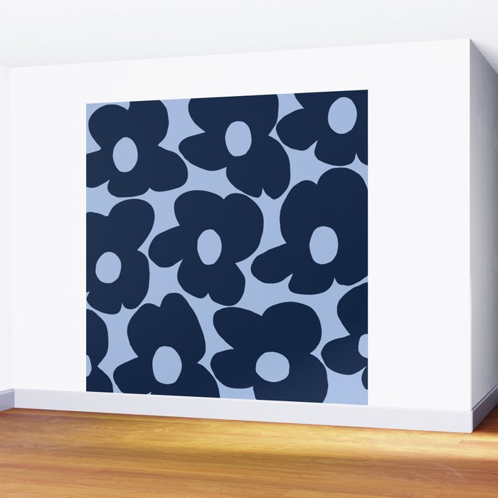 Large Dark Blue Retro Flowers Baby Blue Background #decor #society6 #buyart Wall Mural Gallery Image 2