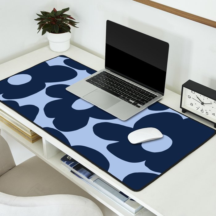 Large Dark Blue Retro Flowers Baby Blue Background #decor #society6 #buyart Desk Mat Gallery Image 2