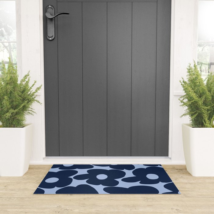 Large Dark Blue Retro Flowers Baby Blue Background #decor #society6 #buyart Welcome Mat Gallery Image 3