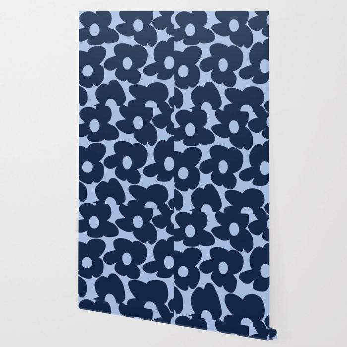 Large Dark Blue Retro Flowers Baby Blue Background #decor #society6 #buyart Wallpaper Gallery Image 2